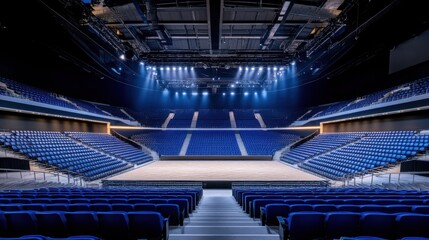 Naklejka premium Empty modern arena with blue seating and bright lights ready for an event or concert performance