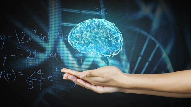 Floating digital brain hologram with animation and math equations in background