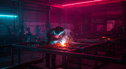 Night Shift Steel Welding Workshop - A welder works late at night in a glowing steel workshop, sparks fly, symbolizing creation, industry, hard work, dedication, and artistry