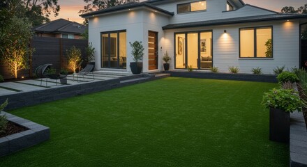 Obraz premium Modern Suburban Home with Artificial Turf Lawn - Sleek modern home, vibrant artificial turf lawn, minimalist landscaping, industrial chic accents, low-maintenance design. Symbolizing: modernity, ease