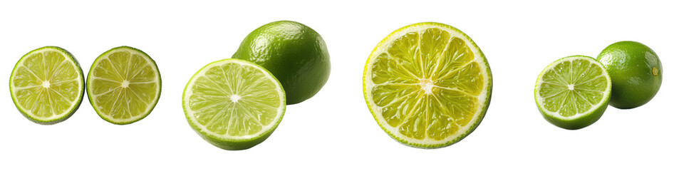 Arrangement of whole limes and sliced limes showing bright juicy textures of the citrus fruit.
