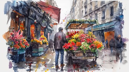 Obraz premium A vibrant street scene in Paris featuring a flower market during a rainy day, showcasing colorful blooms.