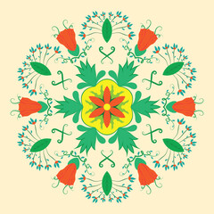 Intricate floral mandala vector design with symmetrical patterns, vibrant flowers, and elegant leaves. Perfect for digital art, decor, prints, and ornamental design projects.