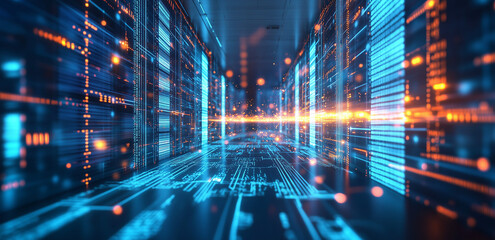 Blue digital technology background with glowing data points and network connections, symbolizing the power of big data in business analytics and artificial intelligence.
