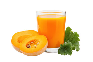 Fresh pumpkin juice with halved pumpkin and green leaves, cut out