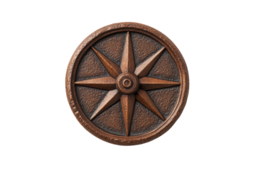 Rustic wooden compass rose with eight points on black background, cut out