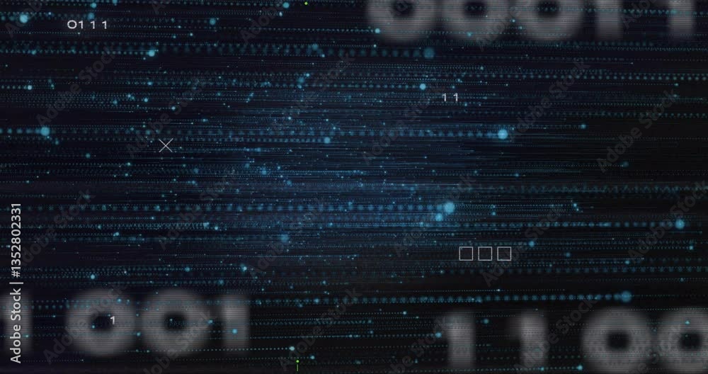 Poster digital animation of binary code with abstract blue light patterns in background