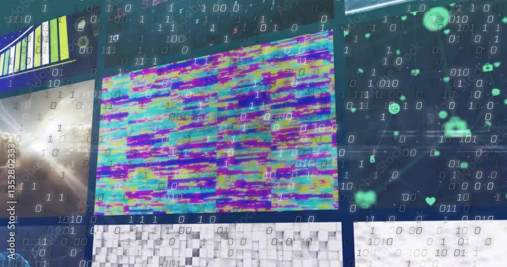 Poster overlaying binary code, colorful digital patterns creating animation on abstract background