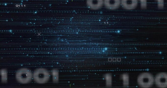 Digital animation of binary code with abstract blue light patterns in background