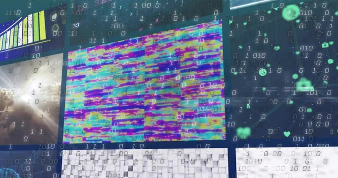Overlaying binary code, colorful digital patterns creating animation on abstract background