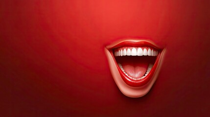 Naklejka premium Laughing Mouth with Red Lipstick and White Teeth Against Red Background