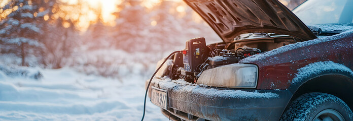 Winter roadside car breakdown with an open hood showing the engine and a portable jump starter booster attached to the battery in a snowy landscape. Themes of rescue, hope, survival, solutions.