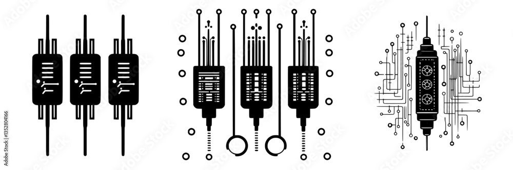 Poster modern digital circuit designs featuring intricate patterns and connections in a minimalist style