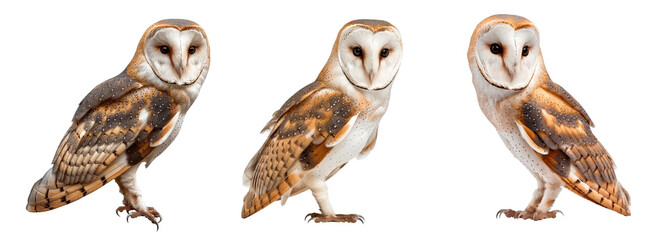 Set of Common Barn Owl (Tyto alba) Head Isolated on Transparent Background. PNG Element.