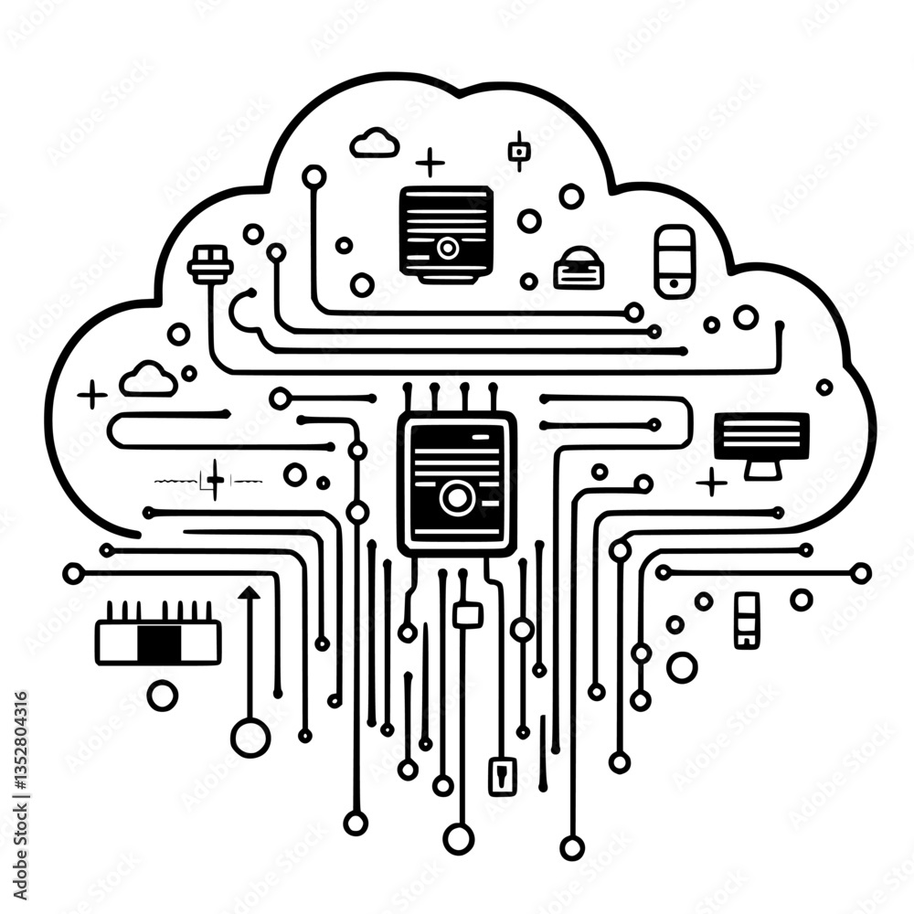 Poster illustration of a cloud computing concept with interconnected devices and data flow in a modern digi