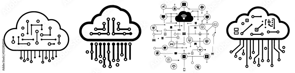 Poster various cloud computing icons representing data flow and connectivity in modern technology systems