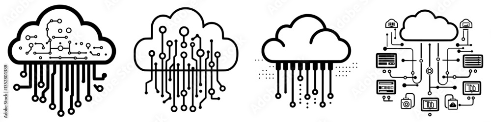 Poster abstract representation of cloud computing concepts showcasing data flow and connectivity in a moder