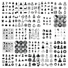 Black and White Line Art Icons Flowers, Candles, Woman, Massage, Lotus, Stones, Yin Yang