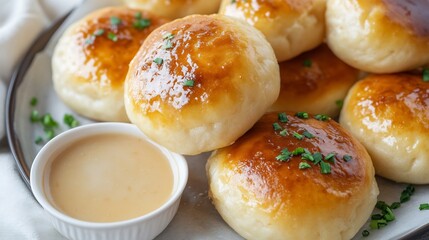 Fototapeta premium Top down view of Chinese golden fried mantou buns served a side of sweetened condensed milk for dipping
