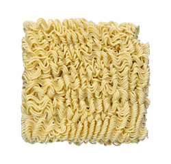 Instant noodle square cake uncooked flat lay, isolated against a transparent background