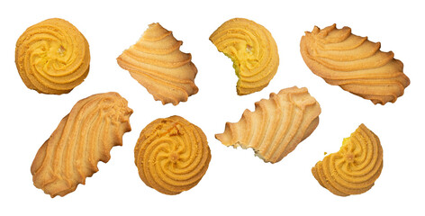 Danish bakery style swirl biscuit cookies flay lay eaten bite taken, isolated against a transparent png background