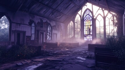 Fototapeta premium Abandoned Sanctuary A Hauntingly Beautiful Interior with Sunlit Stained Glass and Overgrown Na