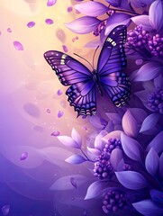 Purple Butterfly Among Floral Lilac Petals with Soft Glowing Background