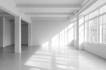 A bright spacious room with white walls pillars and large windows casting shadows on the shiny floor space