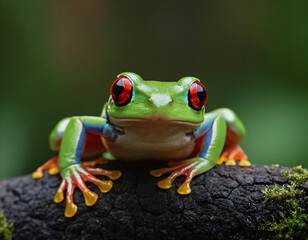 Vibrant green tree frog Agalychnis callidryas with striking red eyes. It is perched on a dark, mossy branch. The frog's toes are orange with yellow tips, and it has a creamy white underbelly.