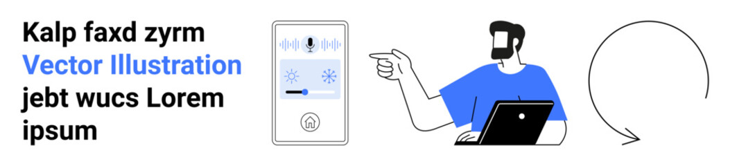 Smart home interface with voice commands, cooling system control, man operating laptop, and directional arrow. Ideal for technology, automation, innovation, connectivity, user interaction