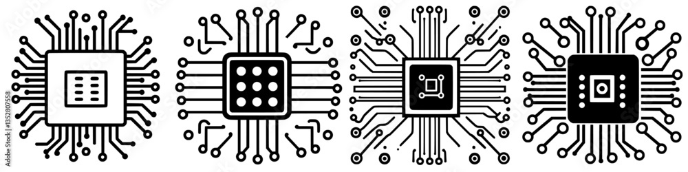 Poster illustration of various microchip designs showcasing intricate circuit patterns and configurations i