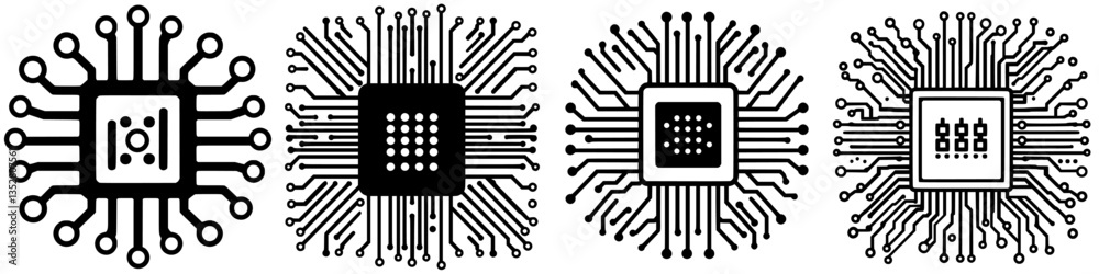 Poster various designs of computer microchips with intricate circuit patterns against a plain background