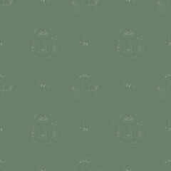 seamless pattern has a muted green background with delicate, hand-drawn basket and bow motifs. The thin, elegant lines give it a natural and organic feel, making it perfect for eco-friendly designs
