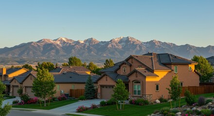Denver Suburban Homes and Mountain Views - Modern stucco homes, tile roofs, manicured lawns, Rocky Mountain backdrop, Colorado living. Symbolizes: luxury, nature, community, tranquility, investment