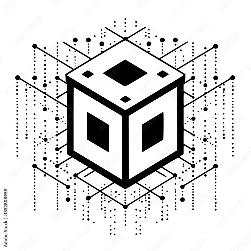 Poster abstract cube design featuring geometric patterns and dots on a white background