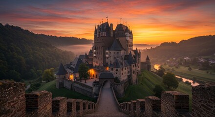 Obraz premium Majestic Castle at Sunrise - A stunning sunrise illuminates a majestic castle perched atop a hill