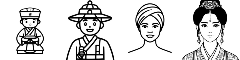 Diverse cultural representations of traditional attire showcased through simple designs in a minimalist style