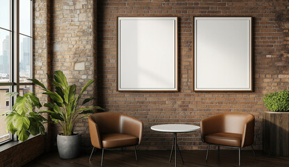 Large, thick, white photo frames mockup on an old brick wall in the interior of a modern cafe