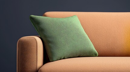 A green pillow rests on a peach-colored couch against a dark blue wall