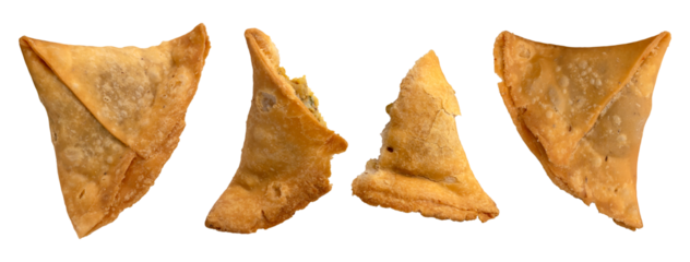 traditional pakistani and indian style potato Samosa set, flat lay isolated against a transparent background