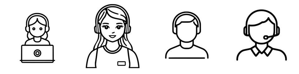 Icons representing customer support and assistance in various styles with headset and laptop arrangements for business environments