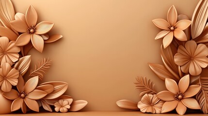 Beige colored background wall with color flowers on the sides. Free copy space banner.