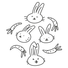Linear doodle set of rabbits, hares and carrots, coloring on a white background
