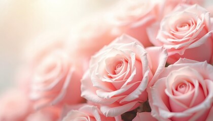Soft light pink roses in blurred background. Sweet color roses flowers in pastel tones. Delicate flower petals, romantic elegant floral design for wedding, valentine, love, spa.