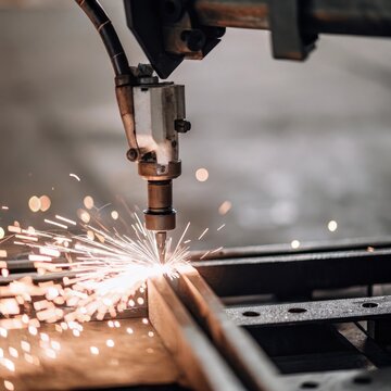 Close-up of a high-tech industrial metal cutting process, featuring a laser cutting machine in action. Sparks and focused energy emanate from the cutting point, demonstrating industrial precision