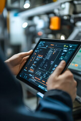 Worker using a tablet to monitor production quality from a control room, remote QC monitoring, digital quality assurance