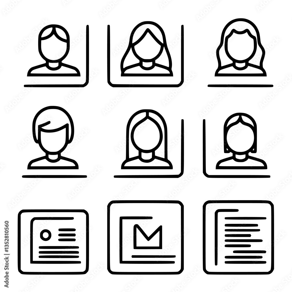 Poster multiple simple outline icons depicting various people and document designs suitable for design proj