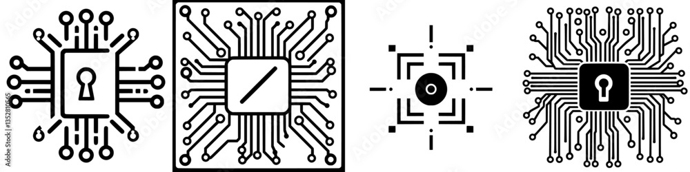 Poster circuit board designs featuring key locking elements and intricate patterns showcasing cybersecurity