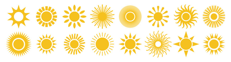 Yellow sun shine set. Sunrise, Sunset, Sunburst Icons. Hot solar energy. Vector illustration isolated on white