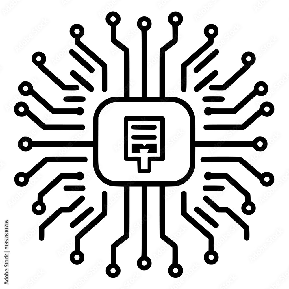 Poster circuit design with central processing unit surrounded by interconnected lines representing data flo
